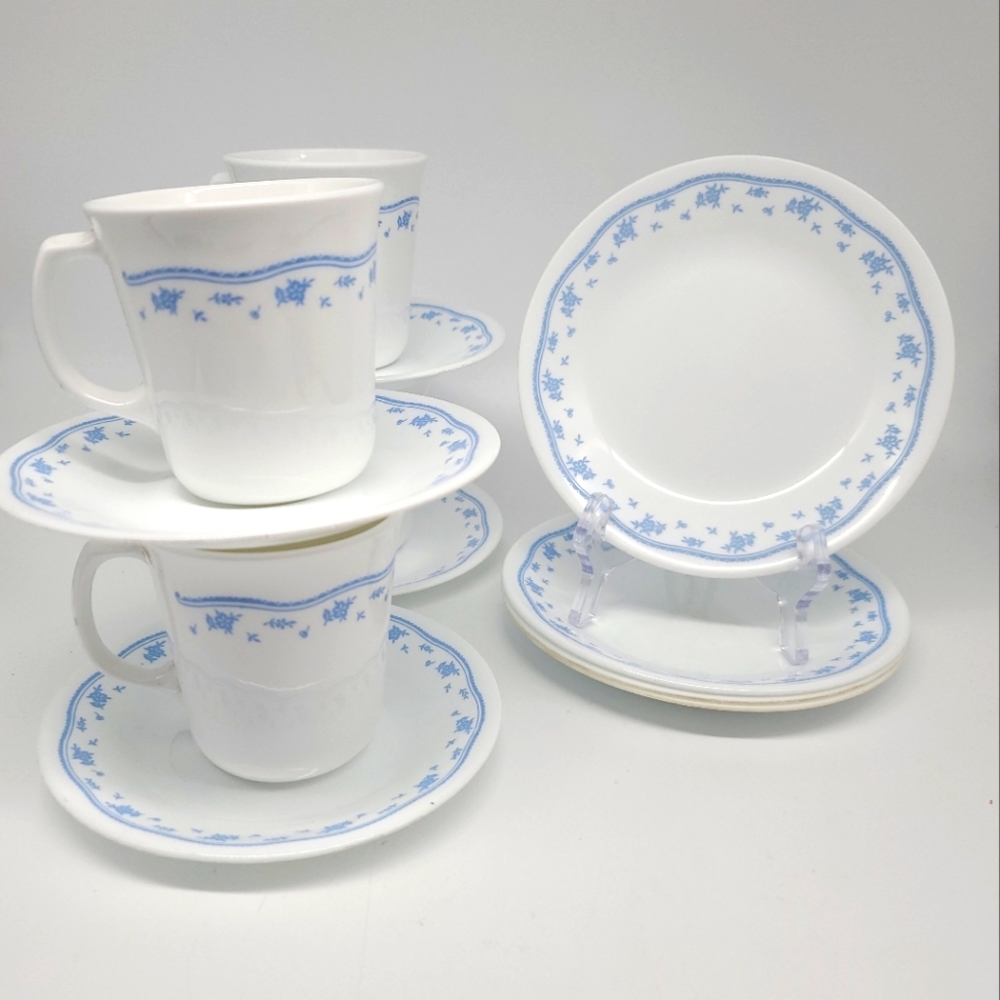 12-Pc Corelle Morning Blue Coffee Mug Cups-Saucers and Appetizer Plates